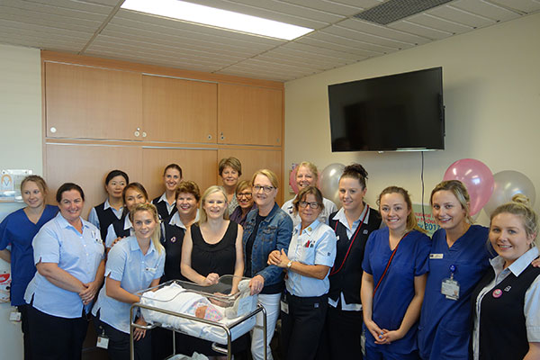 Our Midwifery team along with Sue Engele (Director of Clinical Services), Stephanie Virgona (Maternity Clinical Manager), Barbara Maguire (award recipient) and new Mum, Fleur Edwards with baby